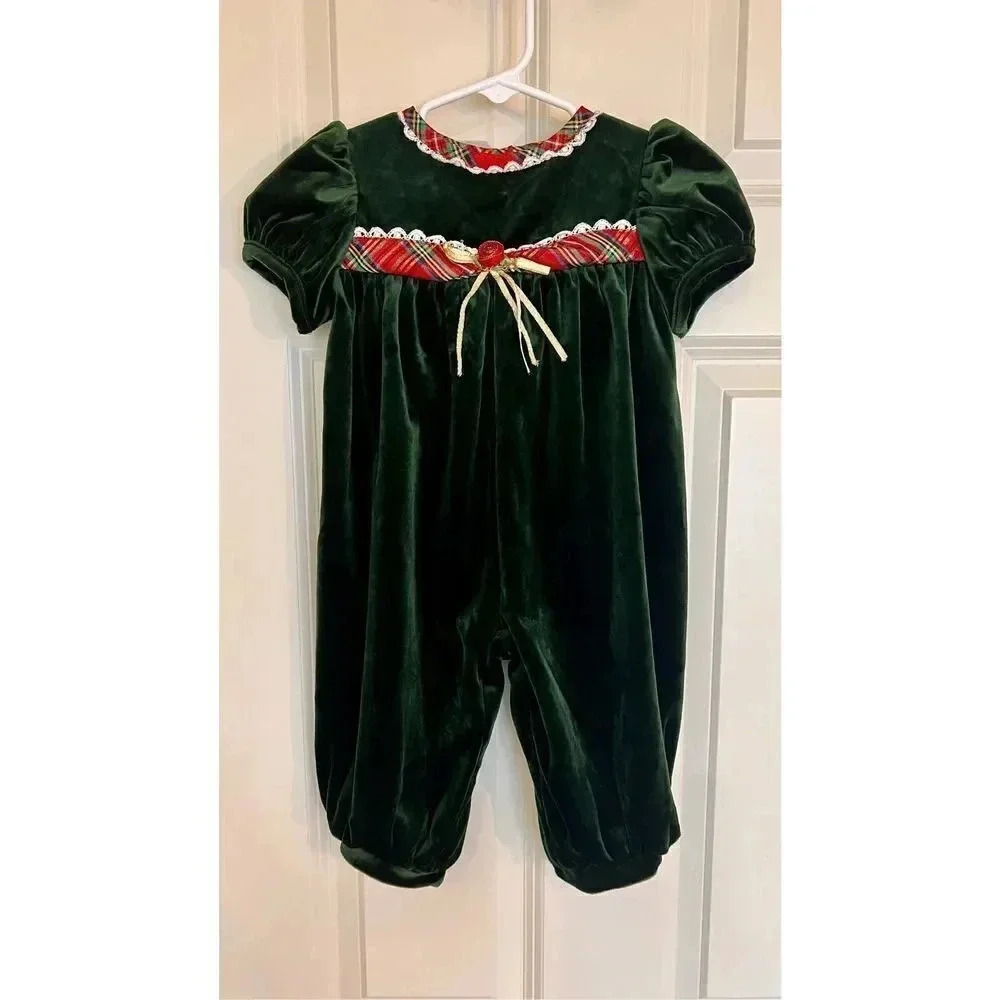 Rose‎ Cottage Green Velvet Tartan Christmas Romper Outfit One Piece 6-9 MO Girls